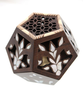 Mabkhara Geometric Hand Perforated Solid Walnut Wood with Inlay Seashell Mother of Pearl and Tin (D22W23H20cm)