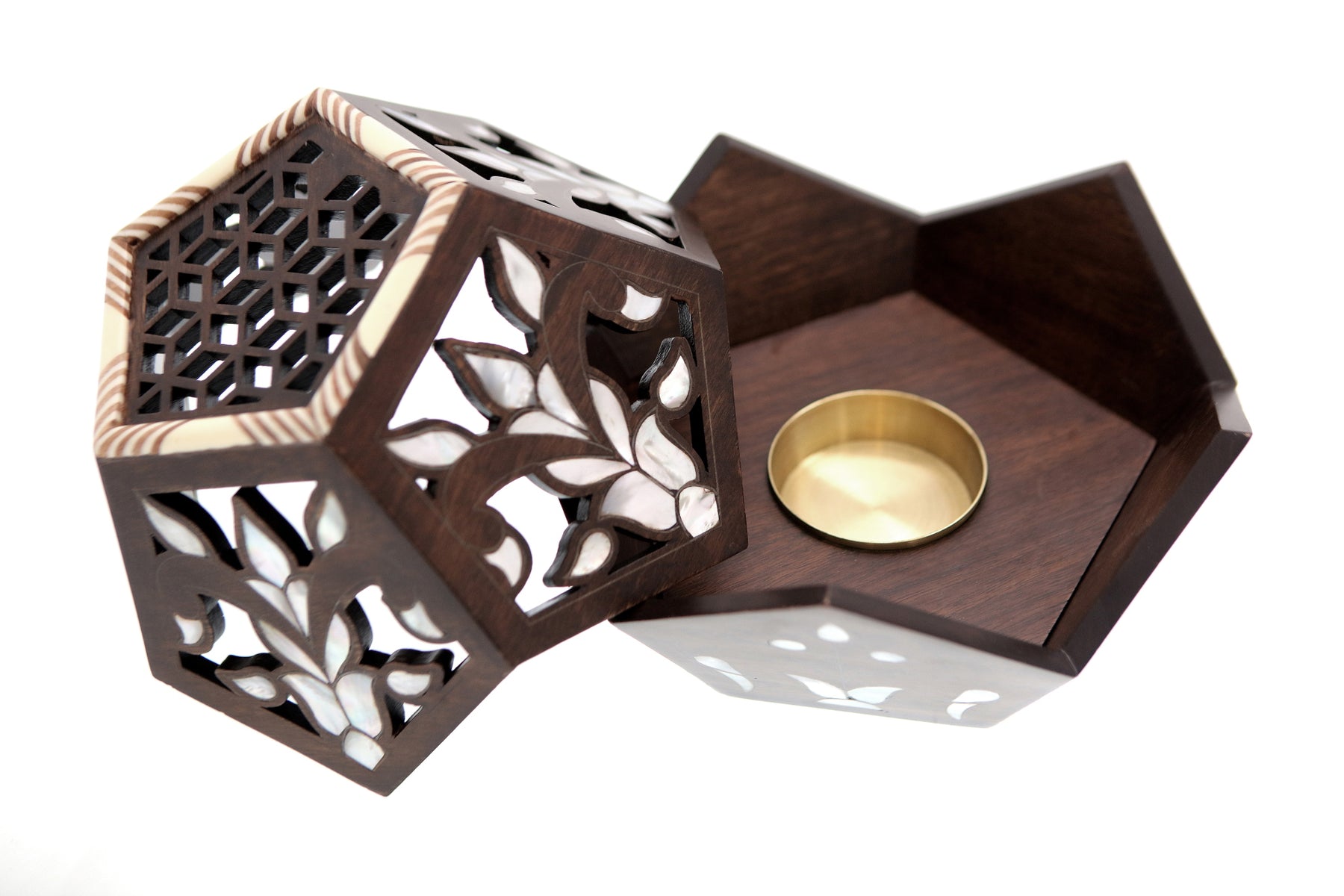 Mabkhara Geometric Hand Perforated Solid Walnut Wood with Inlay Seashell Mother of Pearl and Tin (D22W23H20cm)