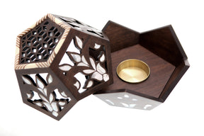 Mabkhara Geometric Hand Perforated Solid Walnut Wood with Inlay Seashell Mother of Pearl and Tin (D22W23H20cm)