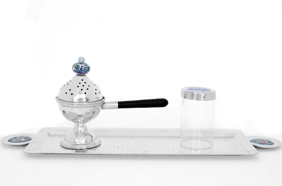 Set Tray (45*15cm) + Mabkhara (D9cm)+Plexi Box (D6H8cm) Hand Hammered Aluminum with Qishani
