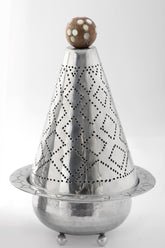Mabkhara Pyramid Hand Hammered Aluminum with Handle Solid Walnut Wood with Inlay Seashell Mother of Pearl and Tin(D19H30cm)