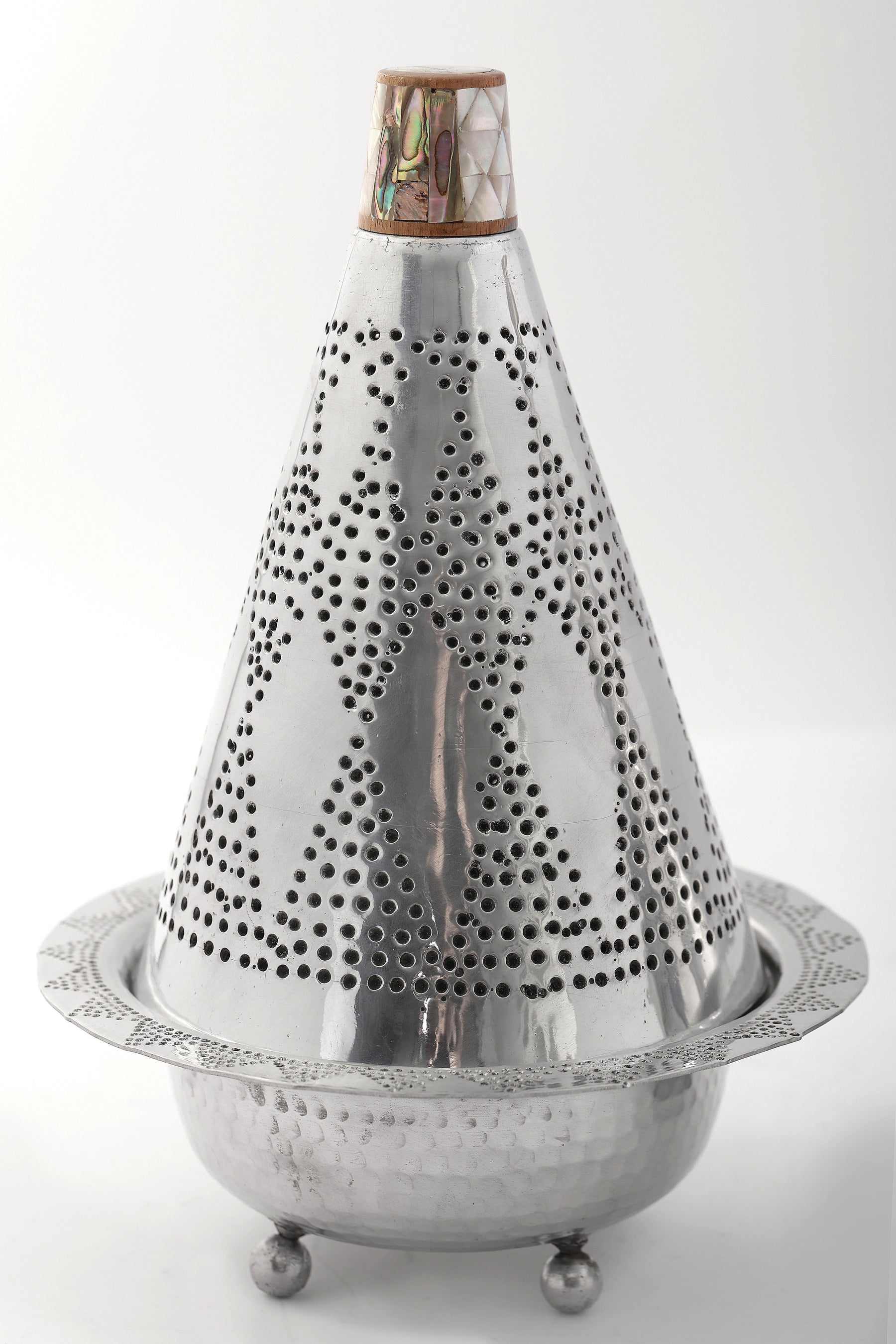 Mabkhara Pyramid Hand Hammered Aluminum with Handle Solid Walnut Wood with Inlay Seashell Mother of Pearl and Tin(D19H30cm)