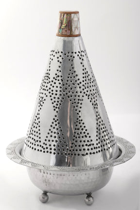 Mabkhara Pyramid Hand Hammered Aluminum with Handle Solid Walnut Wood with Inlay Seashell Mother of Pearl and Tin(D19H30cm)