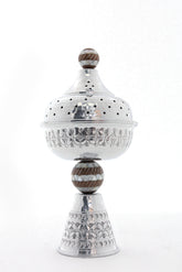 Mabkhara Trophy Hand Hammered Aluminum with Handle Solid Walnut Wood with Inlay Seashell Mother of Pearl and Tin (D14H28cm)