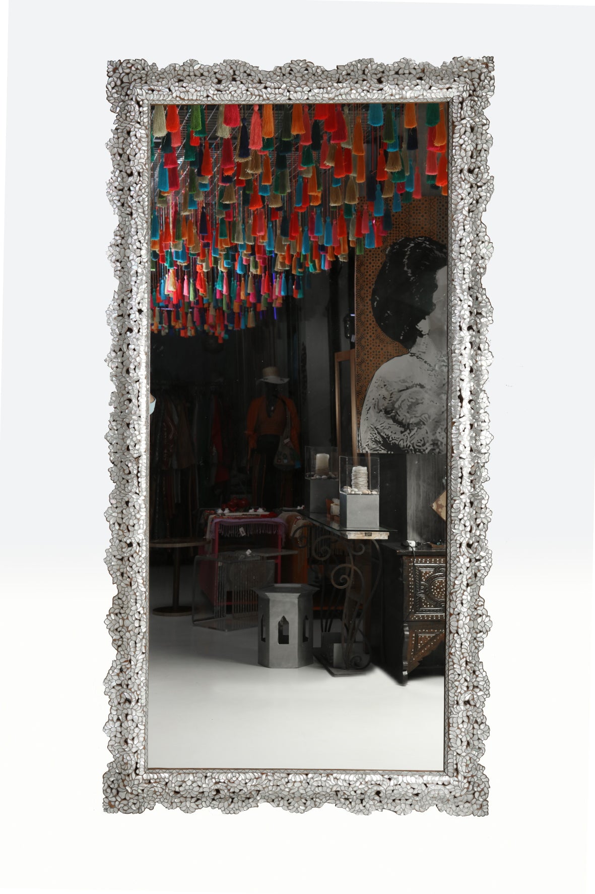 Mirror Rectangular Perforated Solid Walnut Wood Full Inlay Seashell Mother Of Pearl With Tin