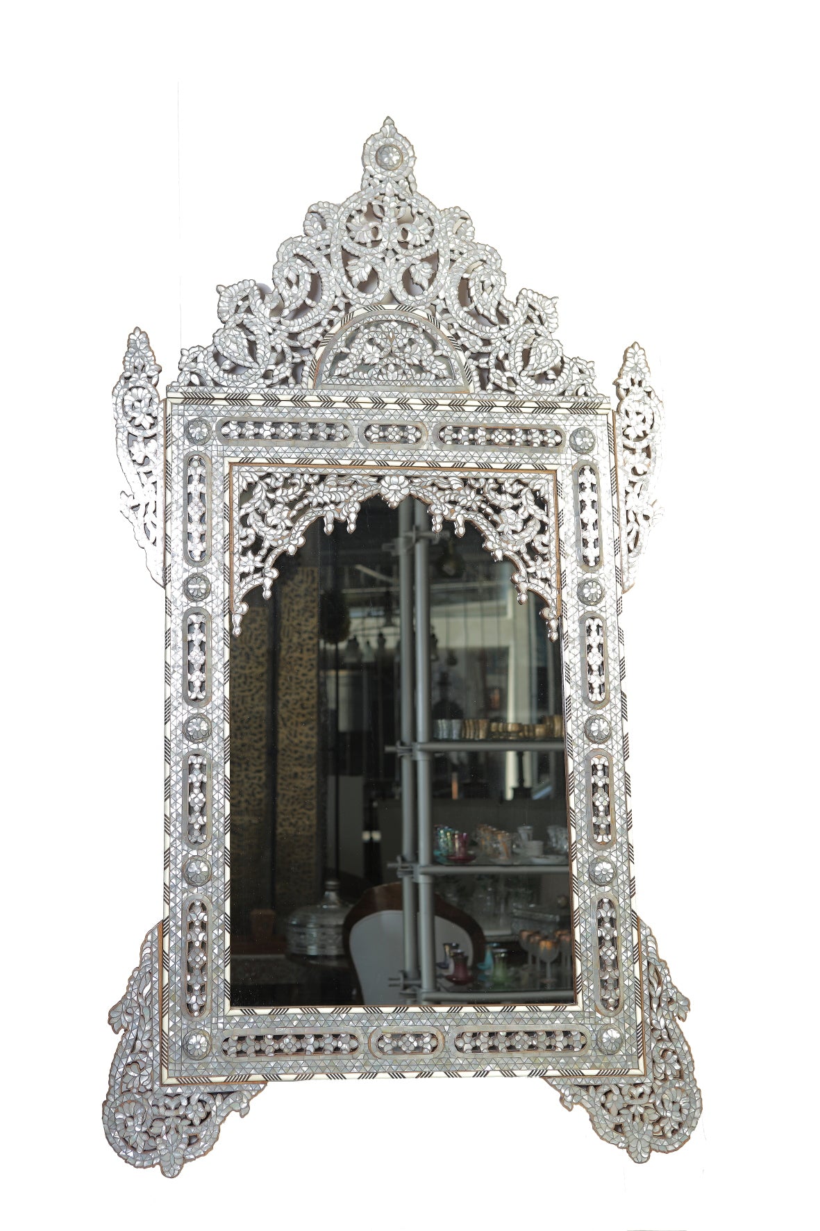 Mirror With Crown Perforated Solid Walnut Wood Inlay Seashell Mother Of Pearl With Tin