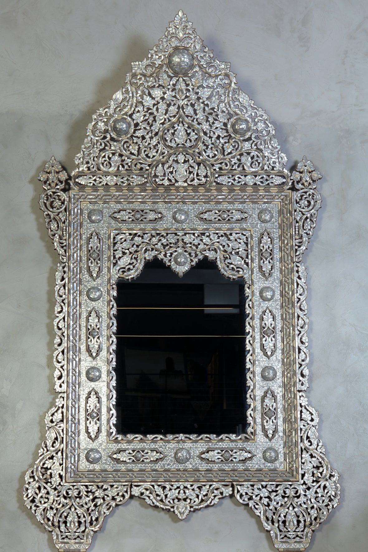 Mirror With Crown Perforated Solid Walnut Wood Inlay Seashell Mother Of Pearl With Tin