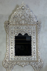 Mirror With Crown Perforated Solid Walnut Wood Inlay Seashell Mother Of Pearl With Tin