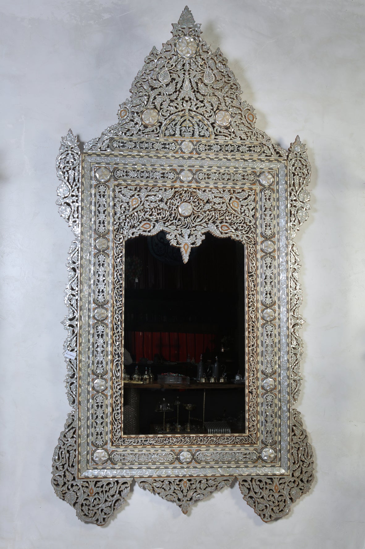 Mirror With Crown Perforated Solid Walnut Wood Inlay Seashell Mother Of Pearl With Tin