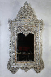 Mirror With Crown Perforated Solid Walnut Wood Inlay Seashell Mother Of Pearl With Tin