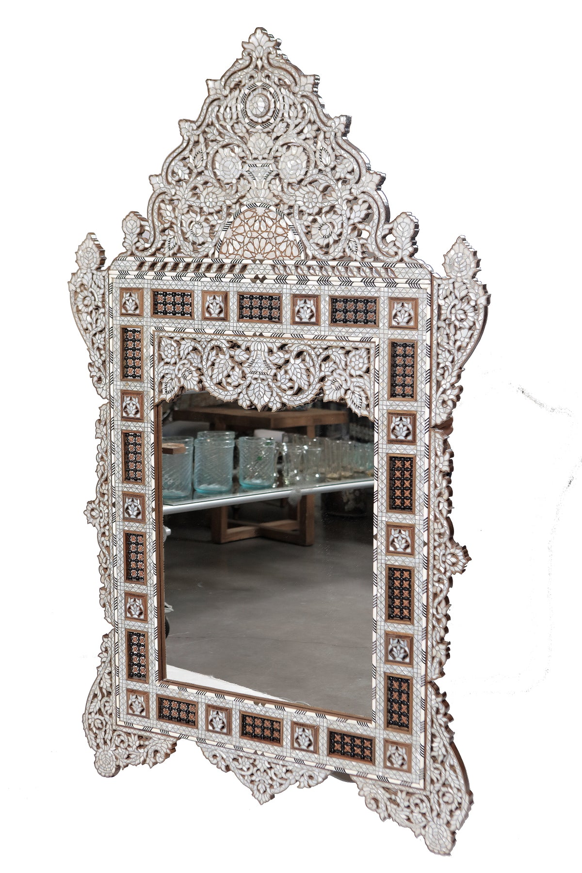 Mirror With Crown Perforated Solid Walnut Wood Inlay Seashell Mother Of Pearl With Tin + Mashrabiyya
