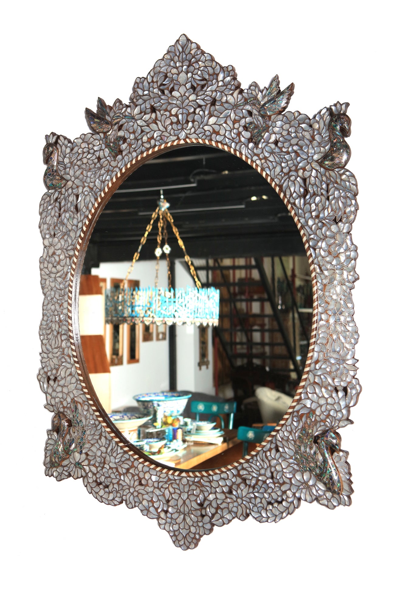 Mirror Oval Perforated Solid Walnut Wood Inlay Seashell Mother Of Pearl With Tin