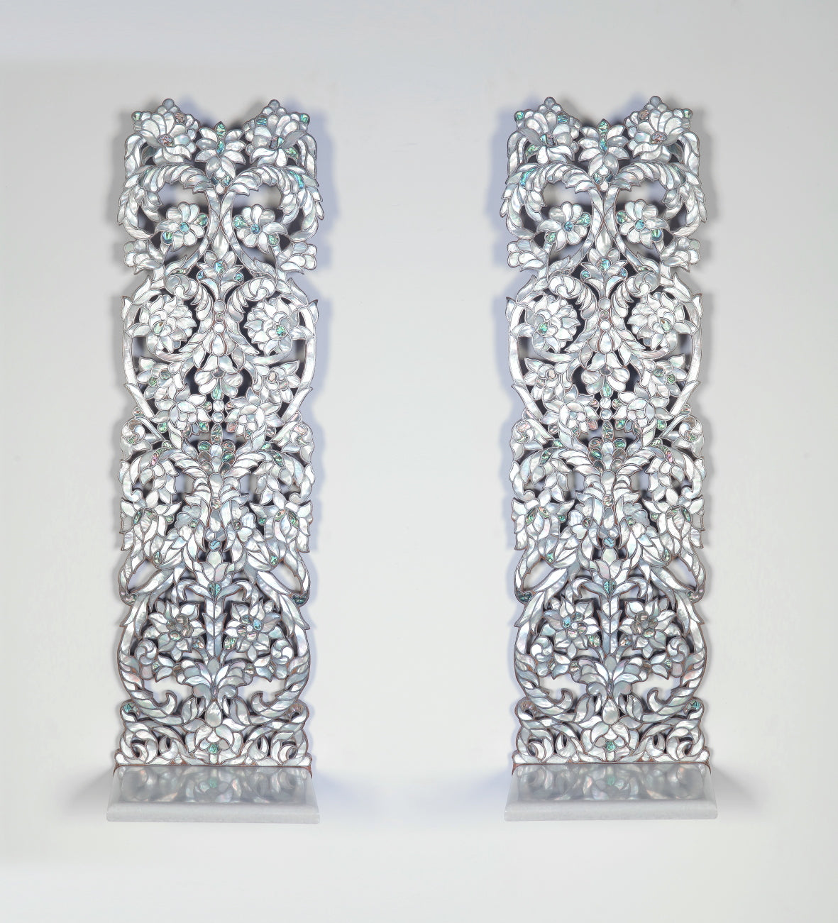 Pair of Shelves Perforated Solid Walnut Wood Inlay Seashell Mother Of Pearl With Tin + Marble