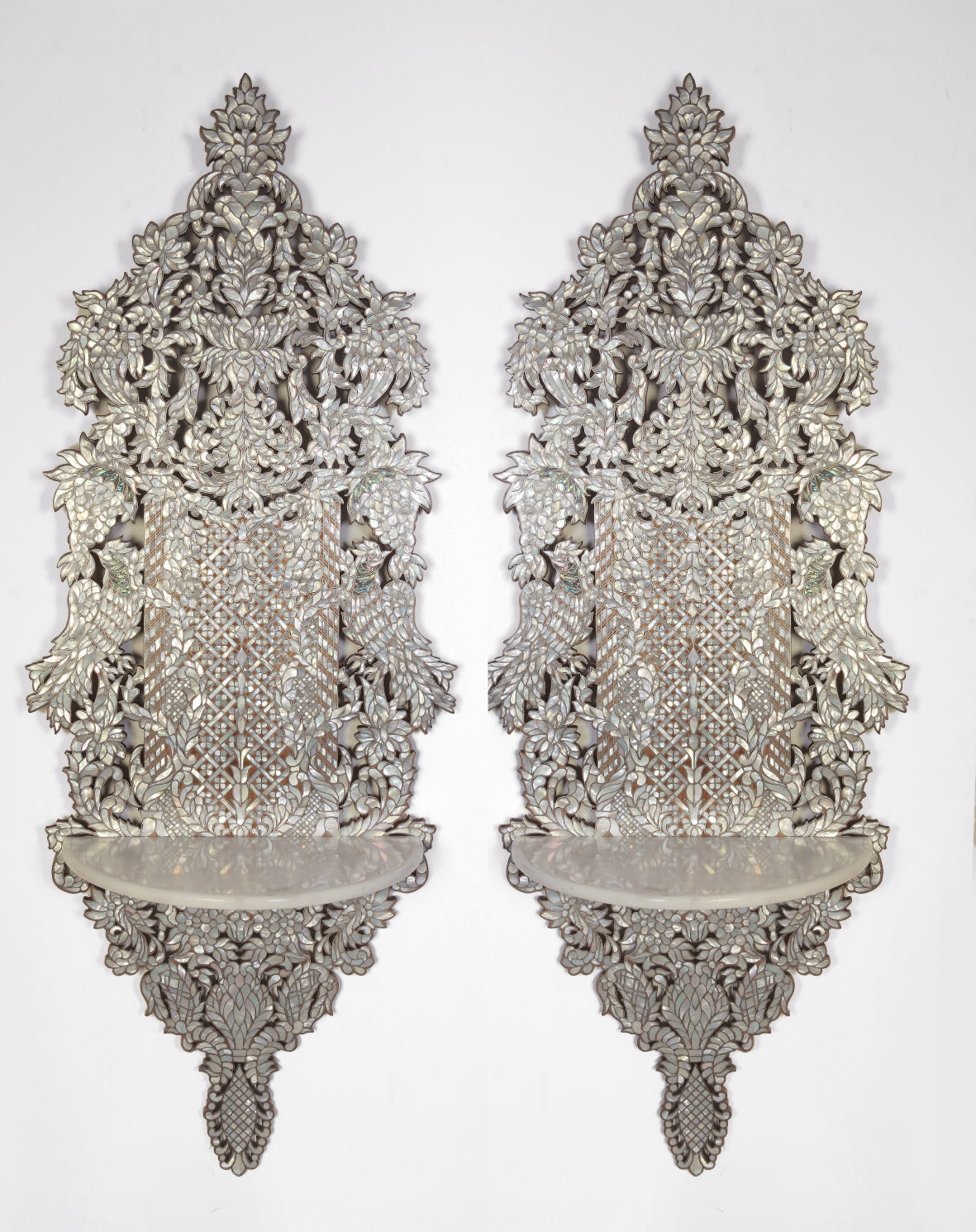 Pair of Shelves Perforated Solid Walnut Wood Inlay Seashell Mother Of Pearl With Tin + Marble