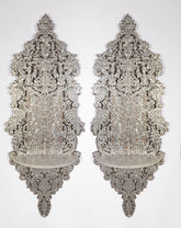 Pair of Shelves Perforated Solid Walnut Wood Inlay Seashell Mother Of Pearl With Tin + Marble