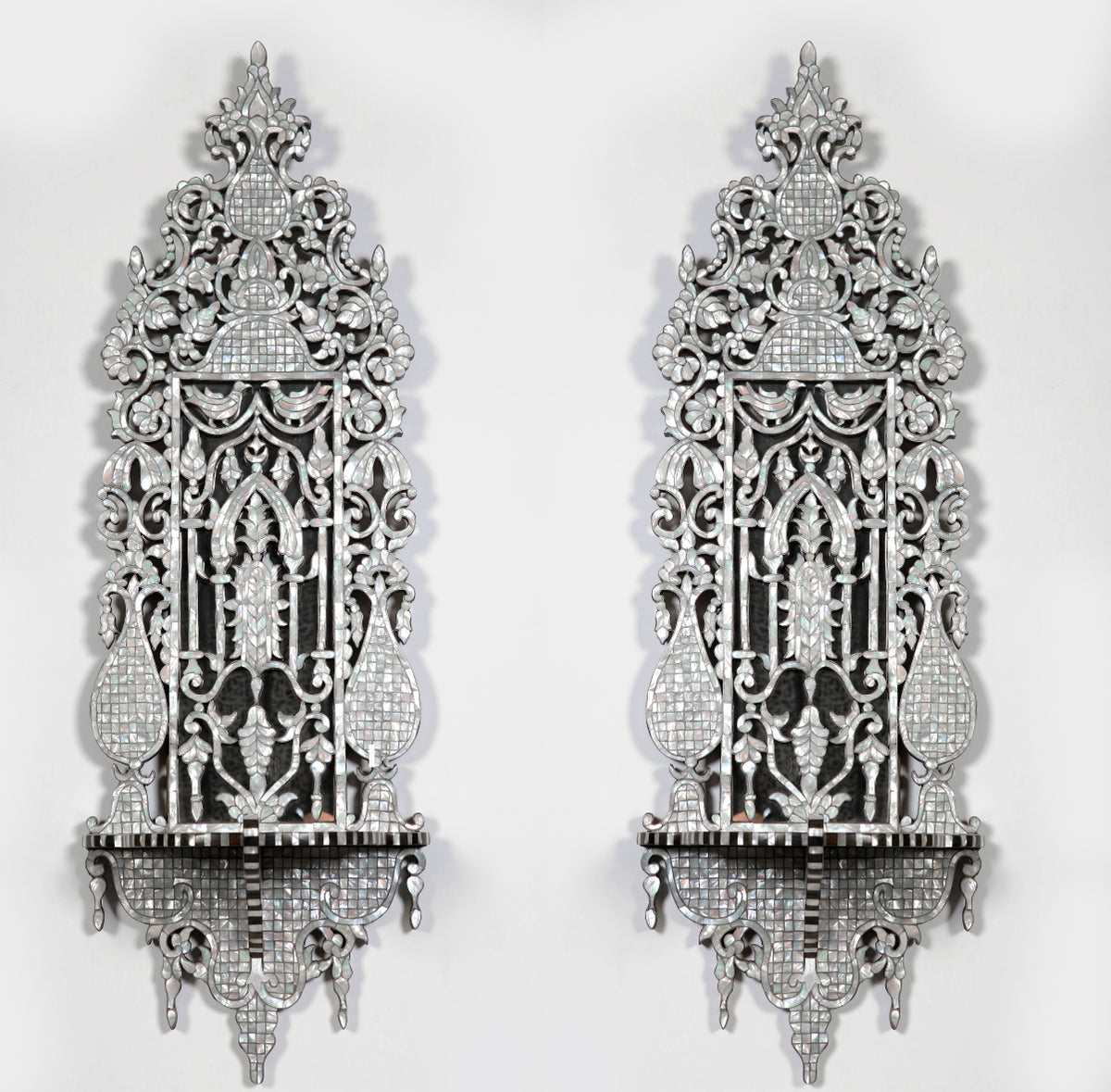 Pair of Shelves Perforated Solid Walnut Wood Inlay Seashell Mother Of Pearl With Tin