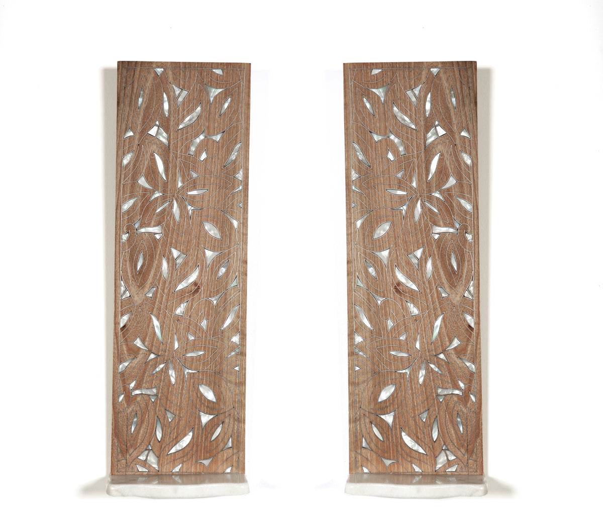 Pair of Shelves Solid Walnut Wood Inlay Seashell Mother Of Pearl With Tin + Marble