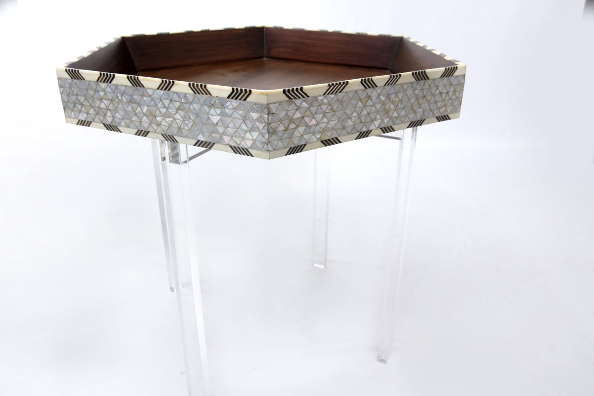 Table Tray Hexagonal Solid Walnut Wood Inlay Seashell Mother Of Pearl With Tin With Plexi Base