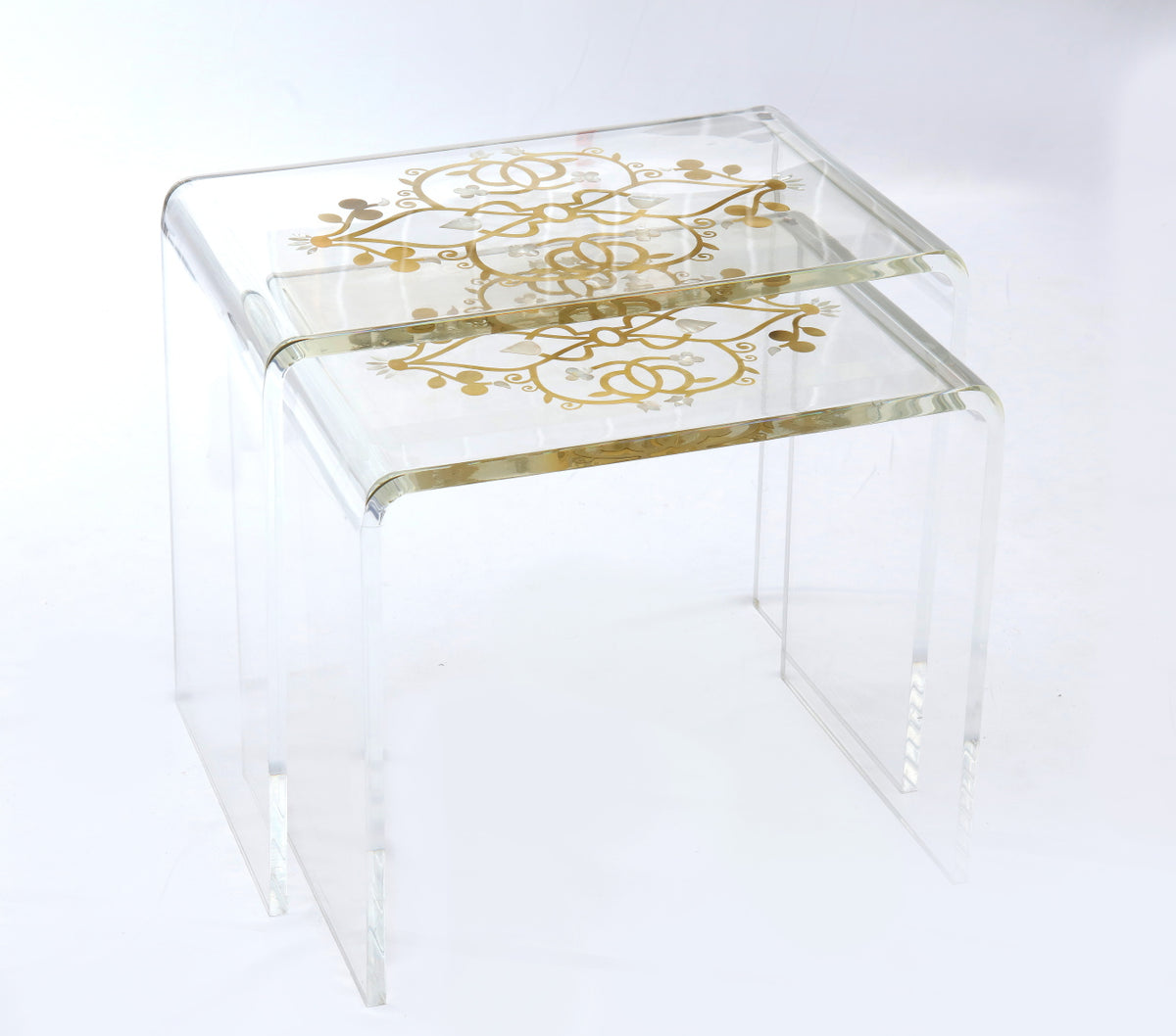 Set 2 Tables Gigogne Plexi With Resin Mother Of Pearl And Brass
