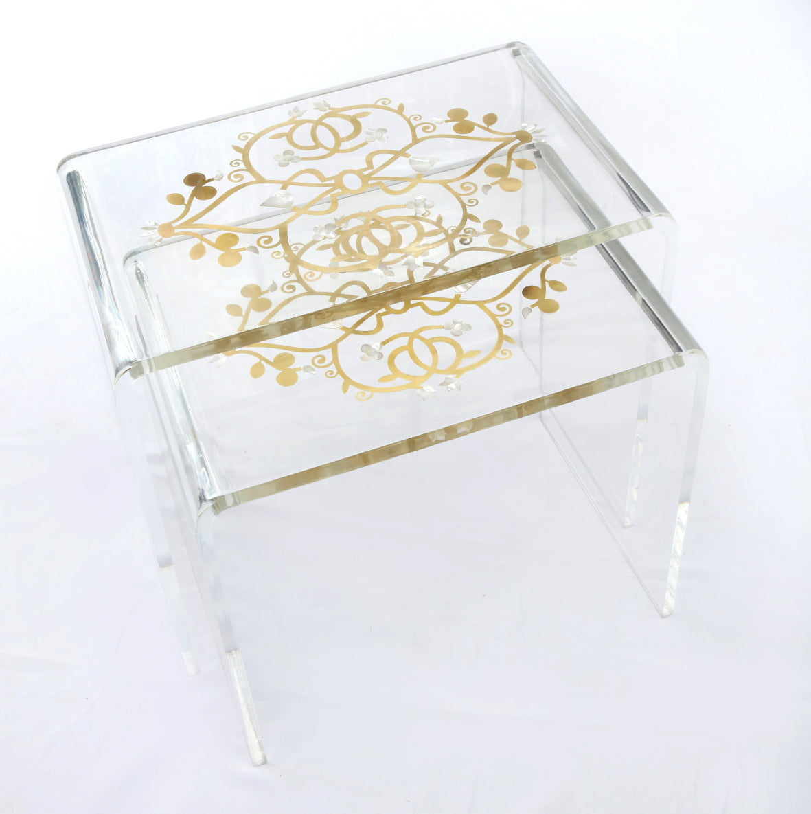 Set 2 Tables Gigogne Plexi With Resin Mother Of Pearl And Brass