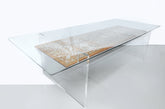 Dining Table Base Plexi With Solid Walnut Wood Inlay Seashell Mother Of Pearl With Tin Panel and glass Top