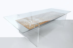 Dining Table Base Plexi With Solid Walnut Wood Inlay Seashell Mother Of Pearl With Tin Panel and glass Top