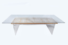 Dining Table Base Plexi With Solid Walnut Wood Inlay Seashell Mother Of Pearl With Tin Panel and glass Top