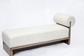 Bench Solid Walnut Wood Inlay Seashell Mother Of Pearl With Tin + Upholstery