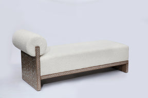 Bench Solid Walnut Wood Inlay Seashell Mother Of Pearl With Tin + Upholstery