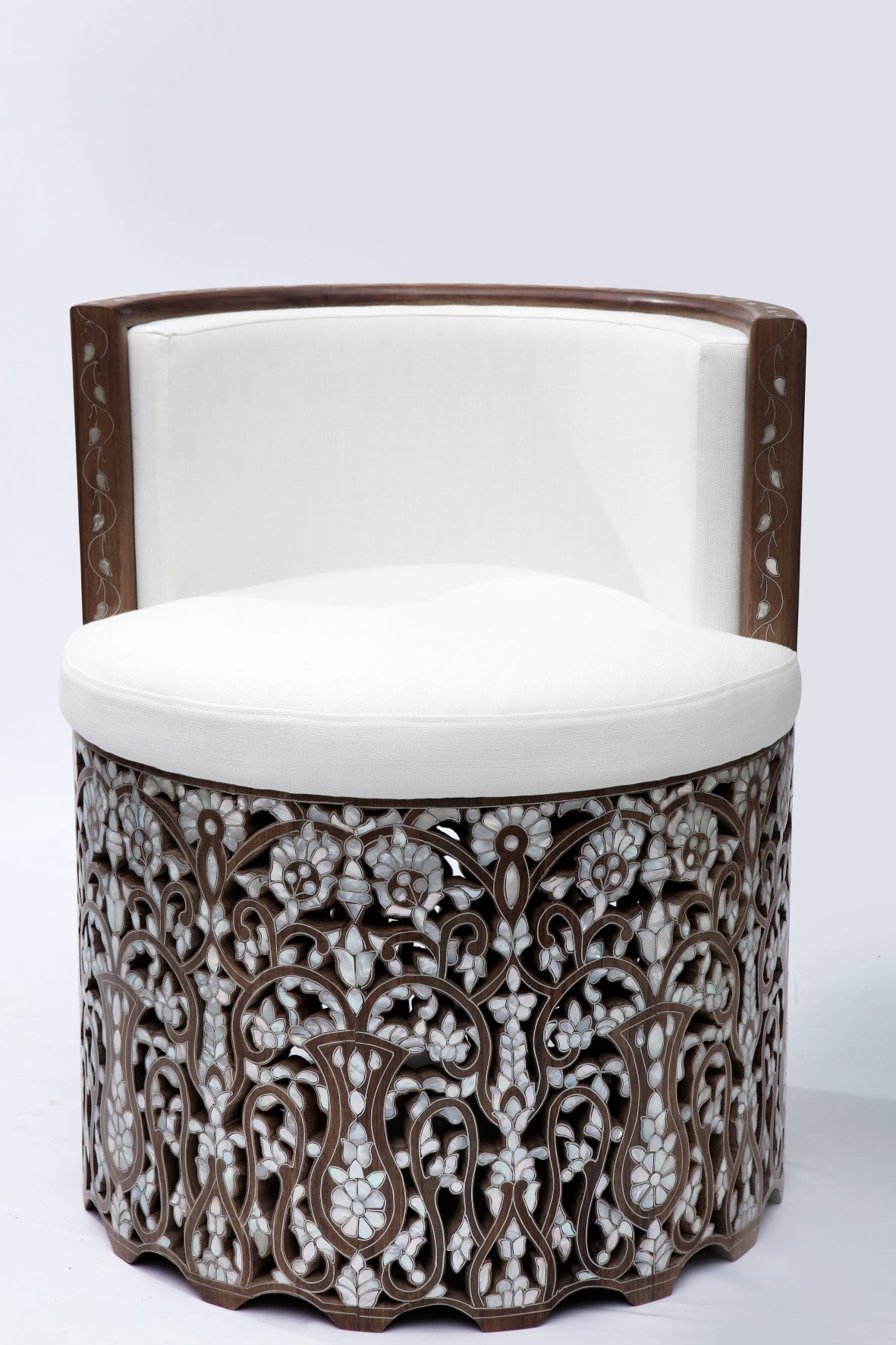 Arm Chair Perforated Solid Walnut Wood Inlay Seashell Mother Of Pearl With Tin + Upholstery