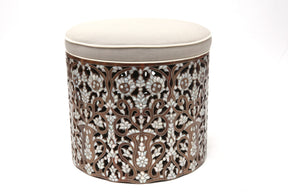 Pouf With Base Perforated Solid Walnut Wood Inlay Seashell Mother Of Pearl With Tin + Upholstery