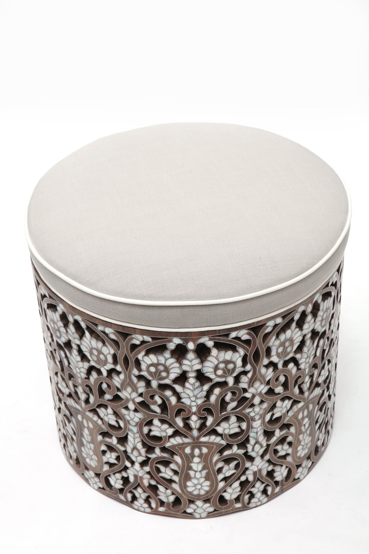 Pouf With Base Perforated Solid Walnut Wood Inlay Seashell Mother Of Pearl With Tin + Upholstery