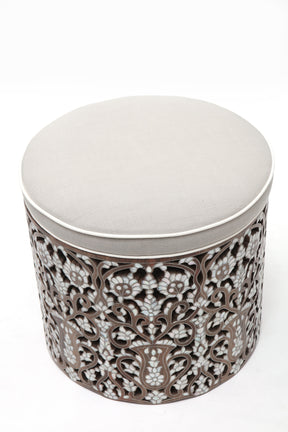 Pouf With Base Perforated Solid Walnut Wood Inlay Seashell Mother Of Pearl With Tin + Upholstery