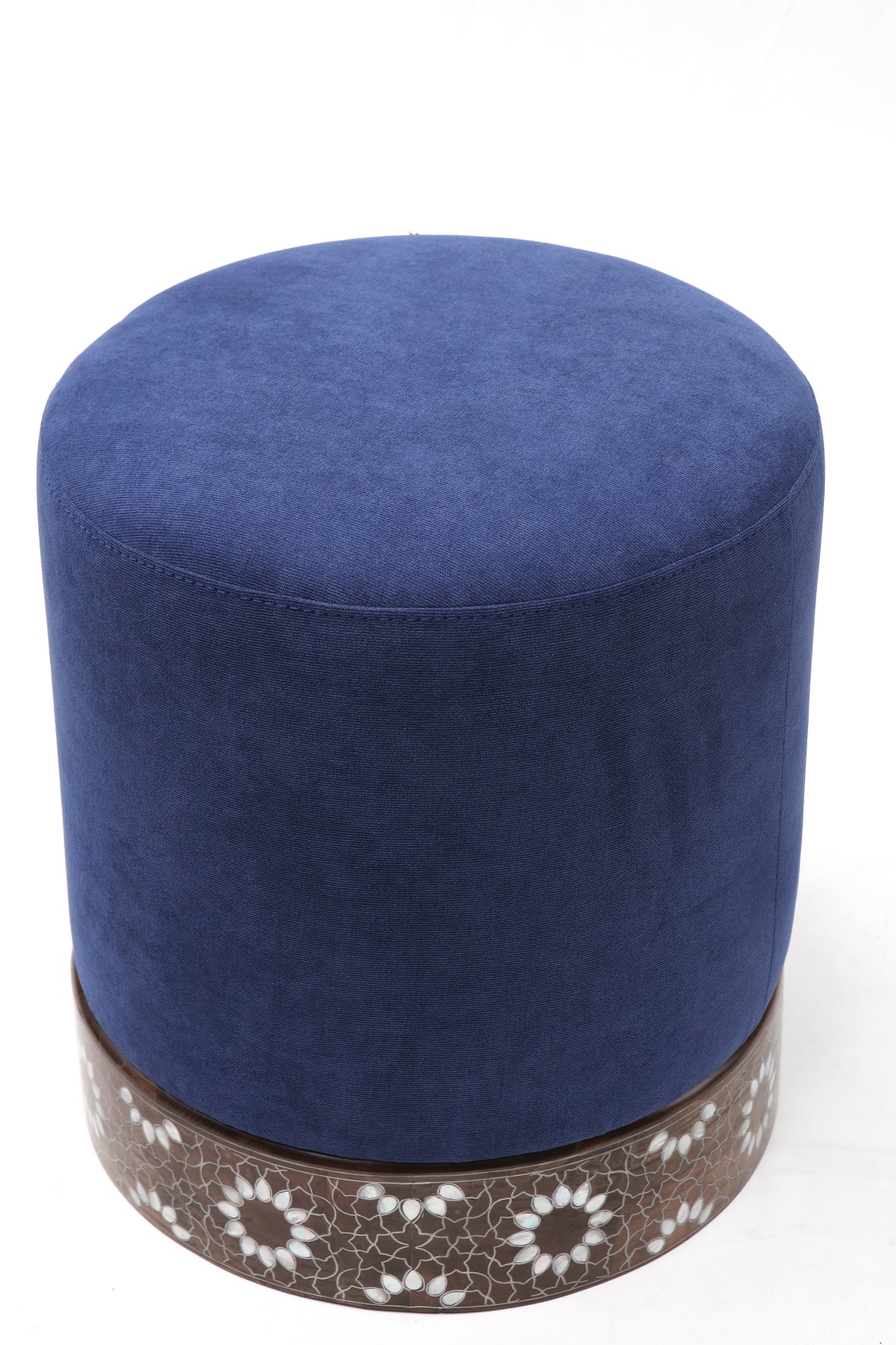 Pouf With Base Solid Walnut Wood Inlay Seashell Mother Of Pearl With Tin + Upholstery