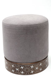 Pouf With Base Solid Walnut Wood Inlay Seashell Mother Of Pearl With Tin + Upholstery