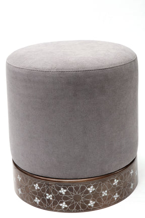 Pouf With Base Solid Walnut Wood Inlay Seashell Mother Of Pearl With Tin + Upholstery