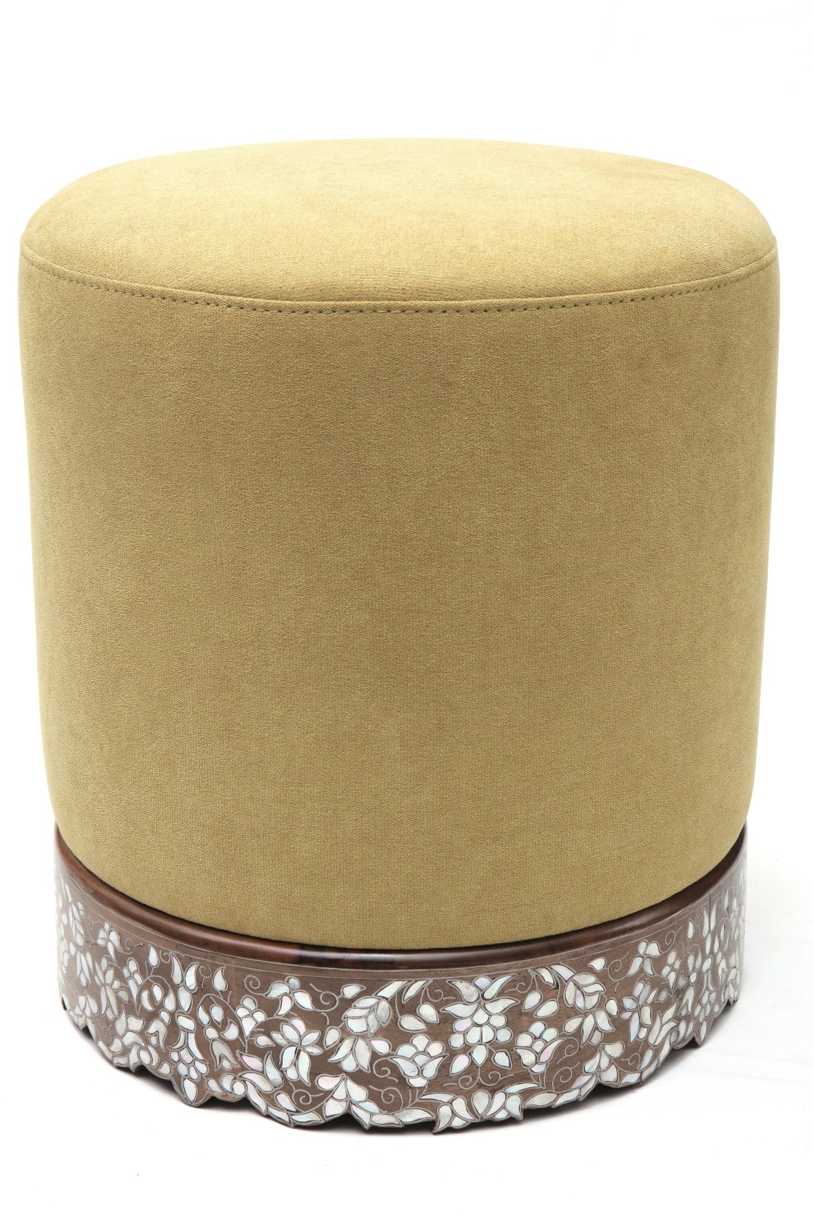 Pouf With Base Solid Walnut Wood Inlay Seashell Mother Of Pearl With Tin + Upholstery