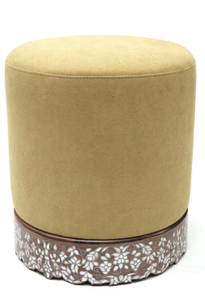 Pouf With Base Solid Walnut Wood Inlay Seashell Mother Of Pearl With Tin + Upholstery
