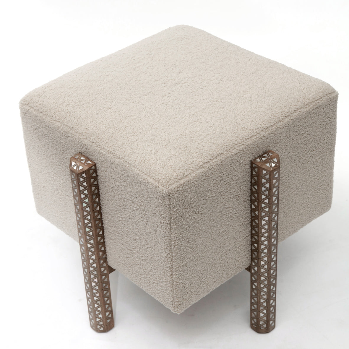 Pouf Square With 4 Edges Solid Walnut Wood Inlay Seashell Mother Of Pearl With Tin + Upholstery