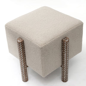 Pouf Square With 4 Edges Solid Walnut Wood Inlay Seashell Mother Of Pearl With Tin + Upholstery