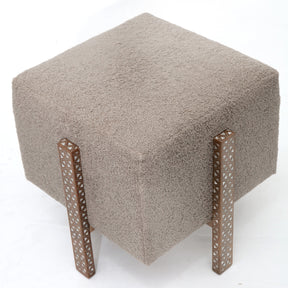 Pouf Square With 4 Edges Solid Walnut Wood Inlay Seashell Mother Of Pearl With Tin + Upholstery