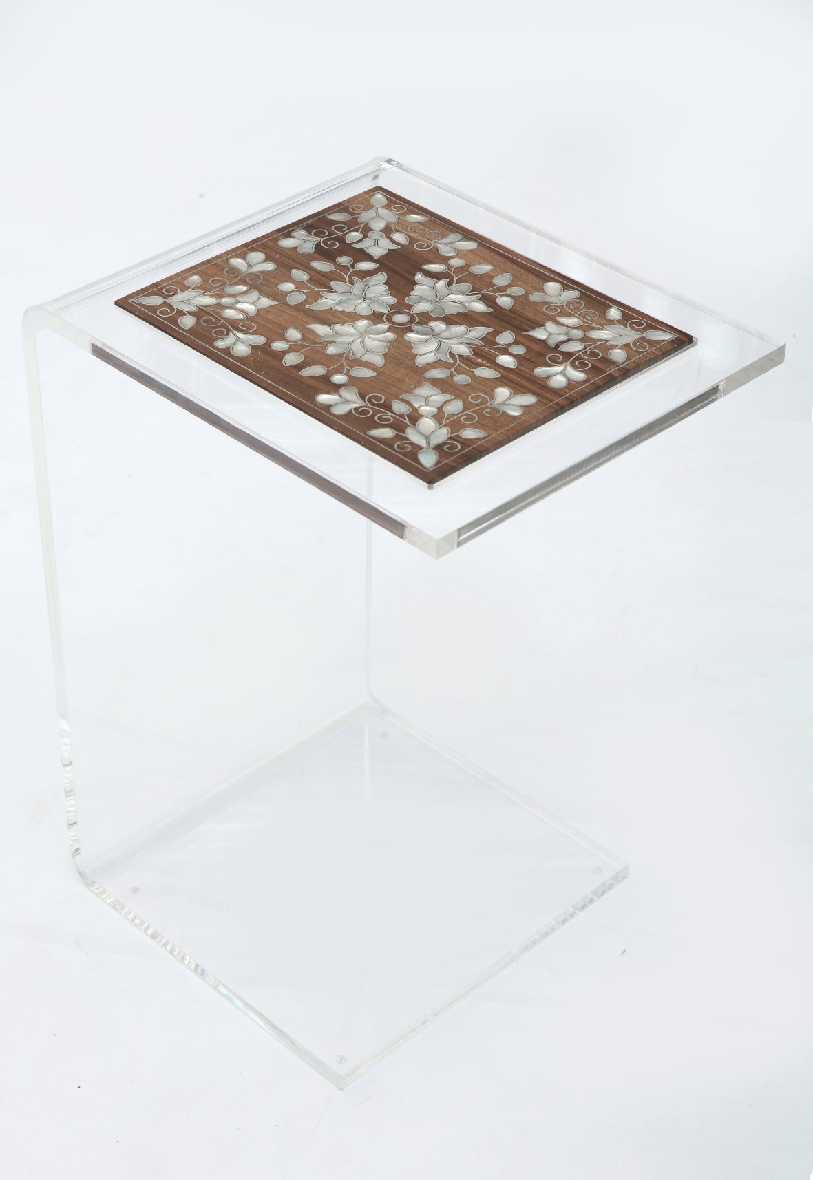 Table C Shape Top Solid Walnut Wood Inlay Seashell Mother Of Pearl With Tin And Plexi Base