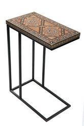 Table C Shape Natural Wood Marquetry Mosaic With Metal Base