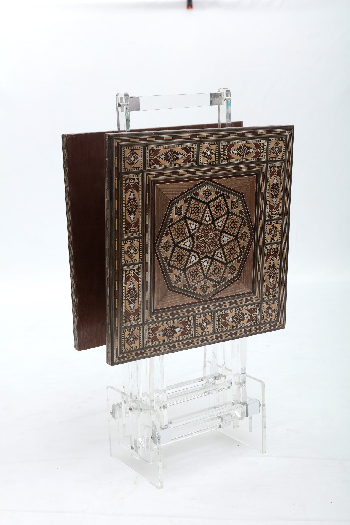 Set 2 Tables Natural Wood Marquetry Mosaic with Plexi Base + Stand Plexi