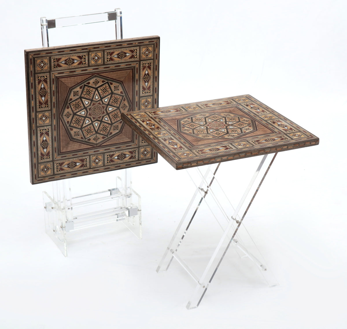 Set 2 Tables Natural Wood Marquetry Mosaic with Plexi Base + Stand Plexi