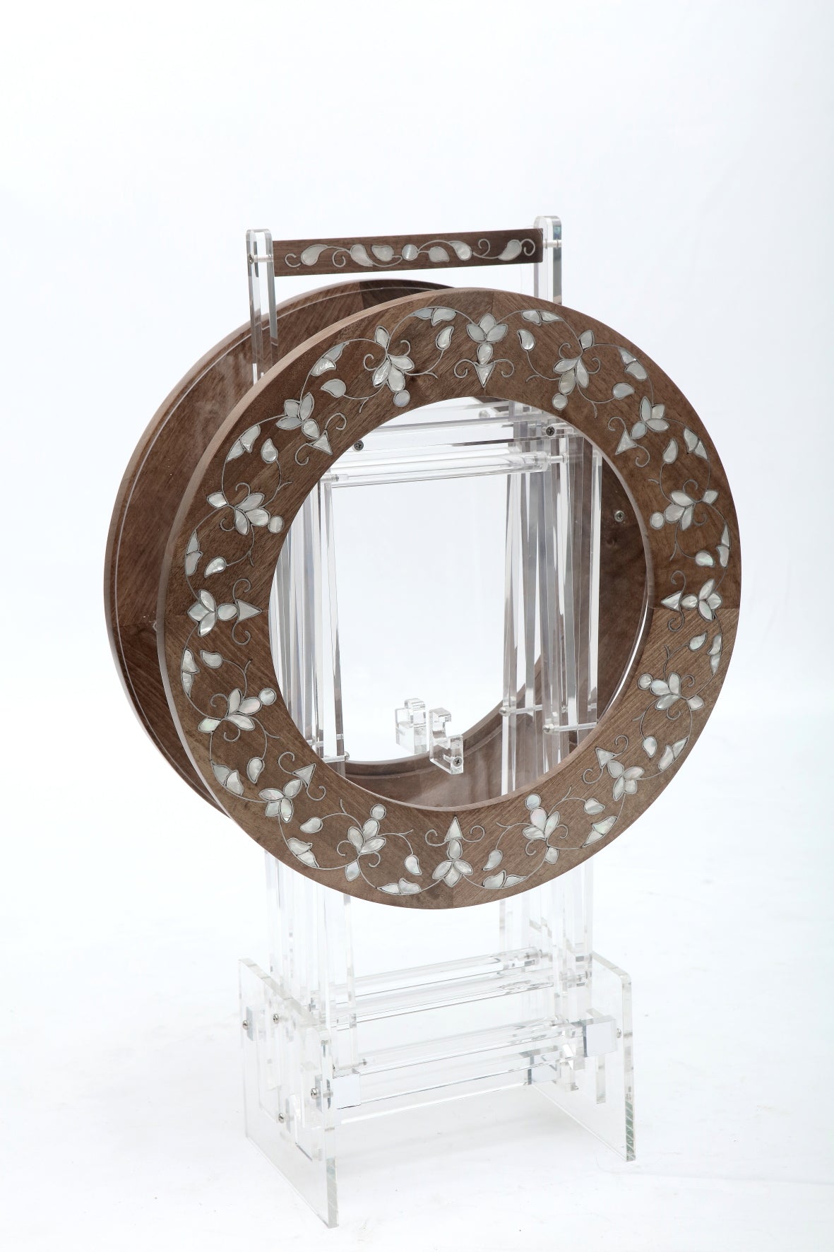 Set 2 Tables Solid Walnut Solid Walnut Wood Inlay Seashell Mother Of Pearl With Tin with Plexi Base + Stand Plexi