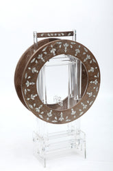 Set 2 Tables Solid Walnut Solid Walnut Wood Inlay Seashell Mother Of Pearl With Tin with Plexi Base + Stand Plexi