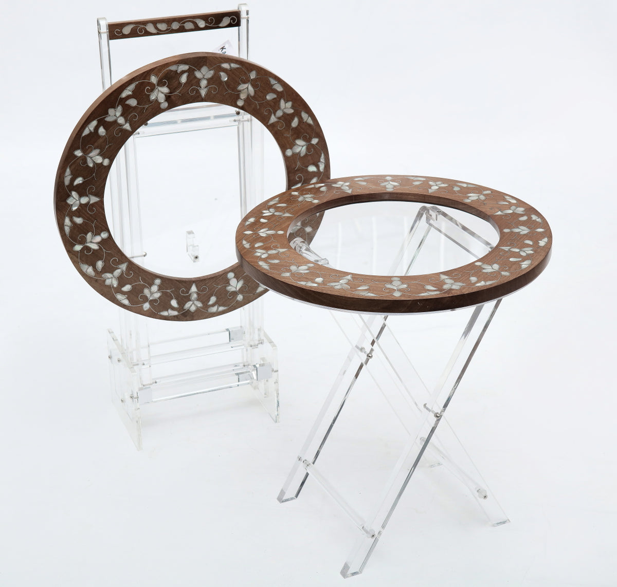 Set 2 Tables Solid Walnut Solid Walnut Wood Inlay Seashell Mother Of Pearl With Tin with Plexi Base + Stand Plexi
