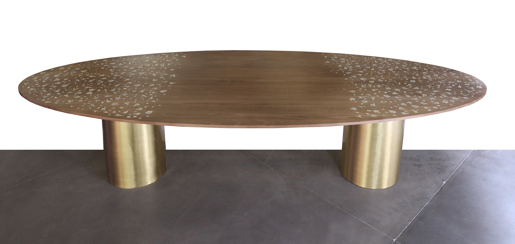 Dining Table Oval Solid Walnut Wood Inlay Seashell Mother Of Pearl With Tin With Base Brass