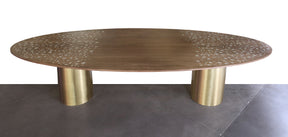 Dining Table Oval Solid Walnut Wood Inlay Seashell Mother Of Pearl With Tin With Base Brass